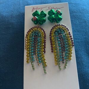 Betsey Johnson Metallic Green Clover Earrings with Rainbow Rhinestone Fringe